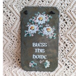 JM Stewart Hand Painted Recycled Roofing Slate Bless This Home Floral Wall Sign
